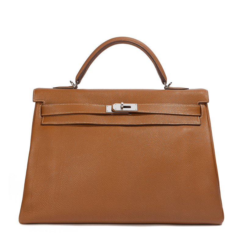 Hermès Kelly 40 Gold PHW top handle bag with structured silhouette and gold hardware, featuring a sleek, luxurious design.