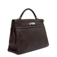 Hermès Kelly 40 Chocolate Brown top handle bag shown from the side, featuring smooth leather and elegant design.