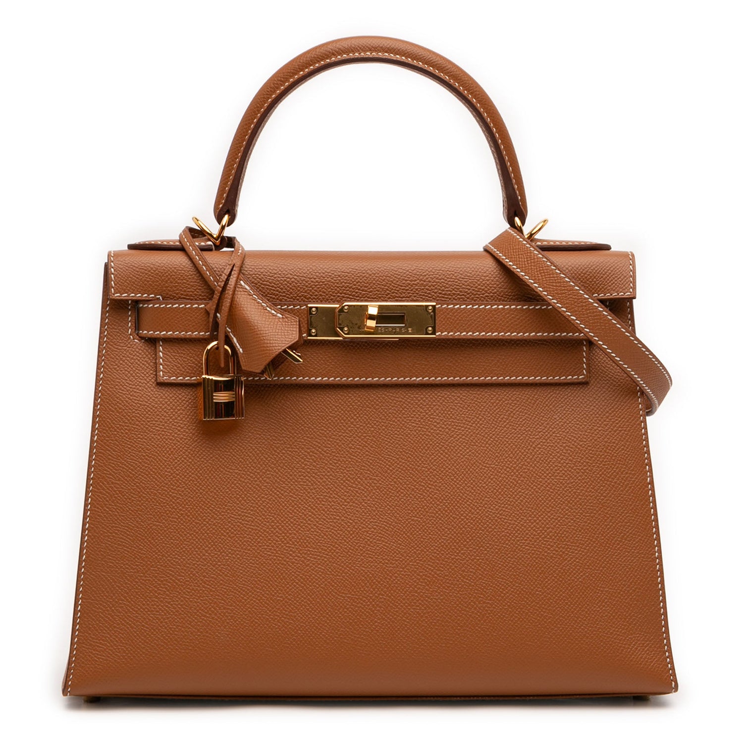 Hermès Kelly II Sellier 28 bag in Gold Epsom leather with gold-tone hardware, white contrast stitching, rolled top handle, detachable shoulder strap, front flap, belted straps, clochette, and padlock.