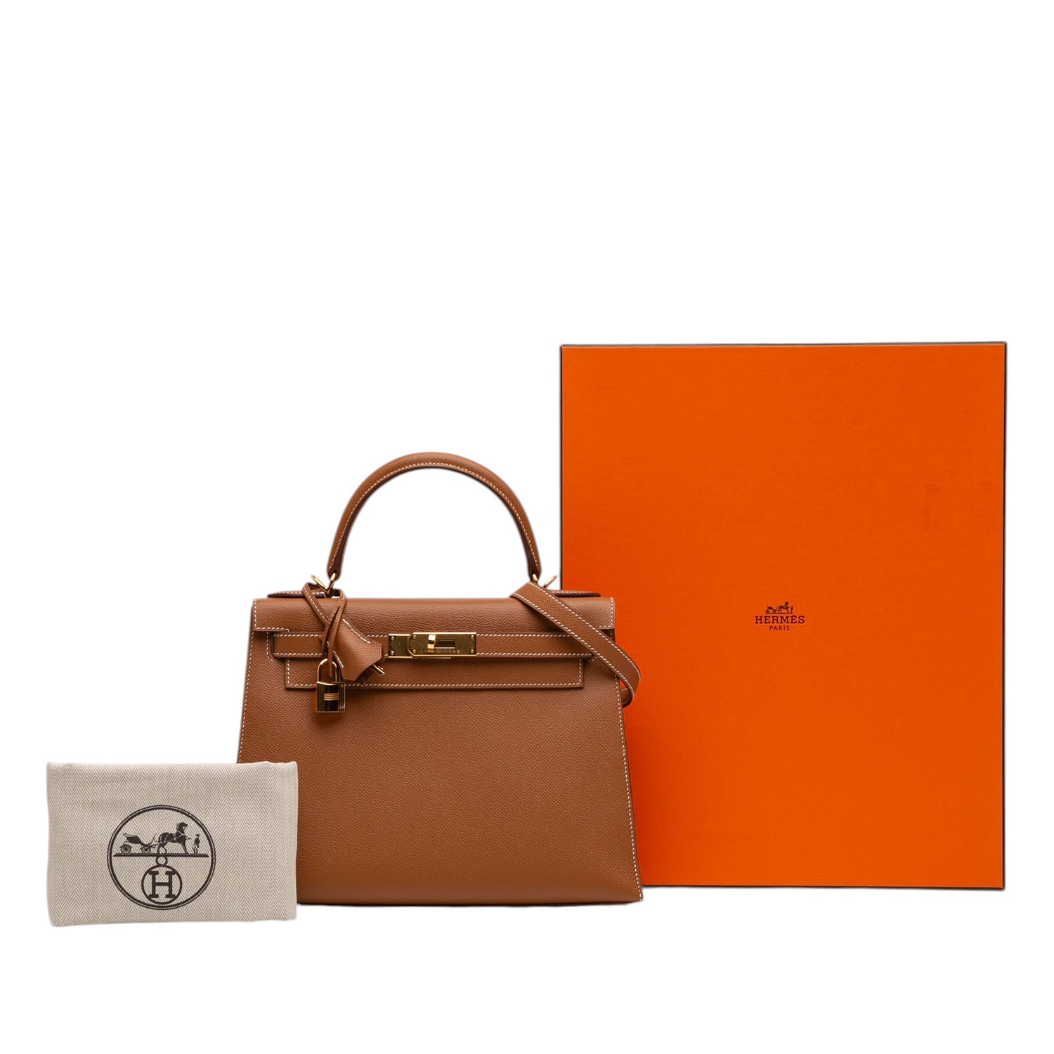 Hermès Kelly II Sellier 28 bag in Gold Epsom leather with gold-tone hardware, white contrast stitching, rolled top handle, detachable shoulder strap, front flap, belted straps, clochette, and padlock.
