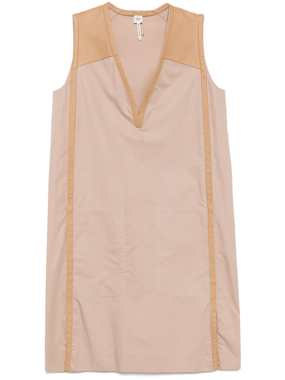 Hermès V-neck beige dress, elegant sleeveless dress with a flowy silhouette, perfect for stylish summer wear.
