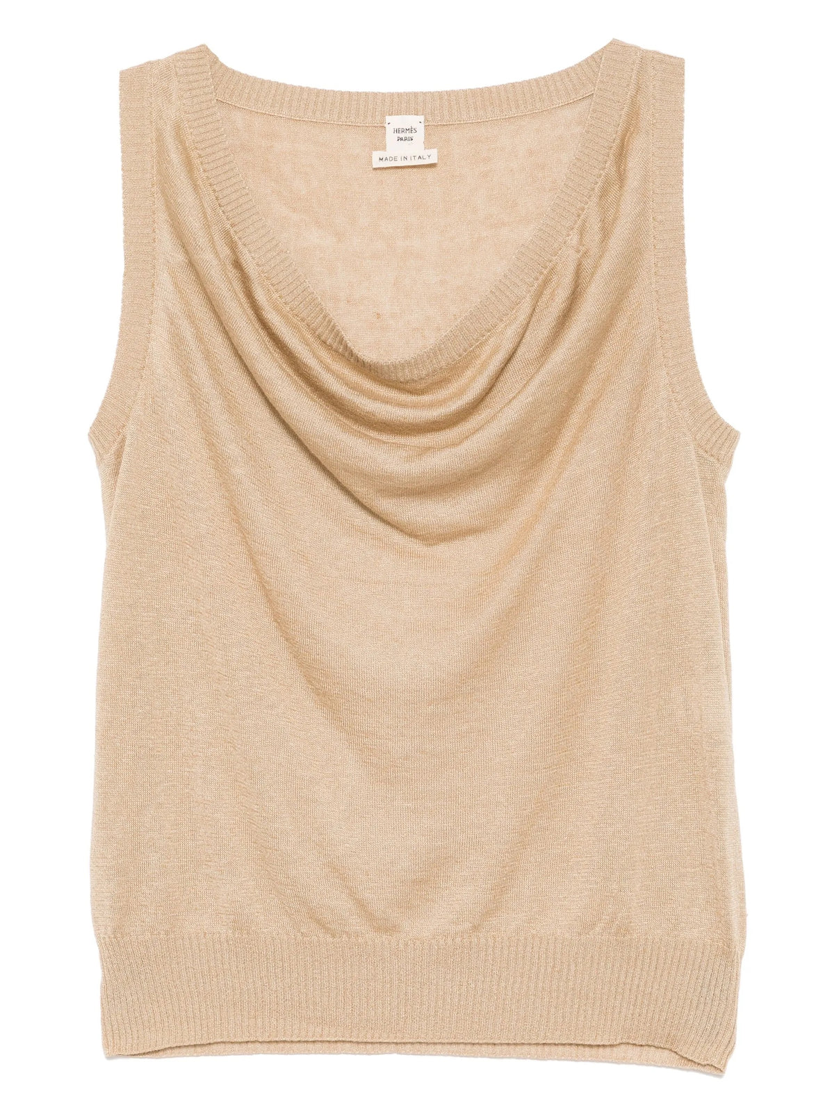 Hermès beige knit vest, cozy sleeveless top made of soft knit fabric, styled as a stylish and comfortable fashion piece.