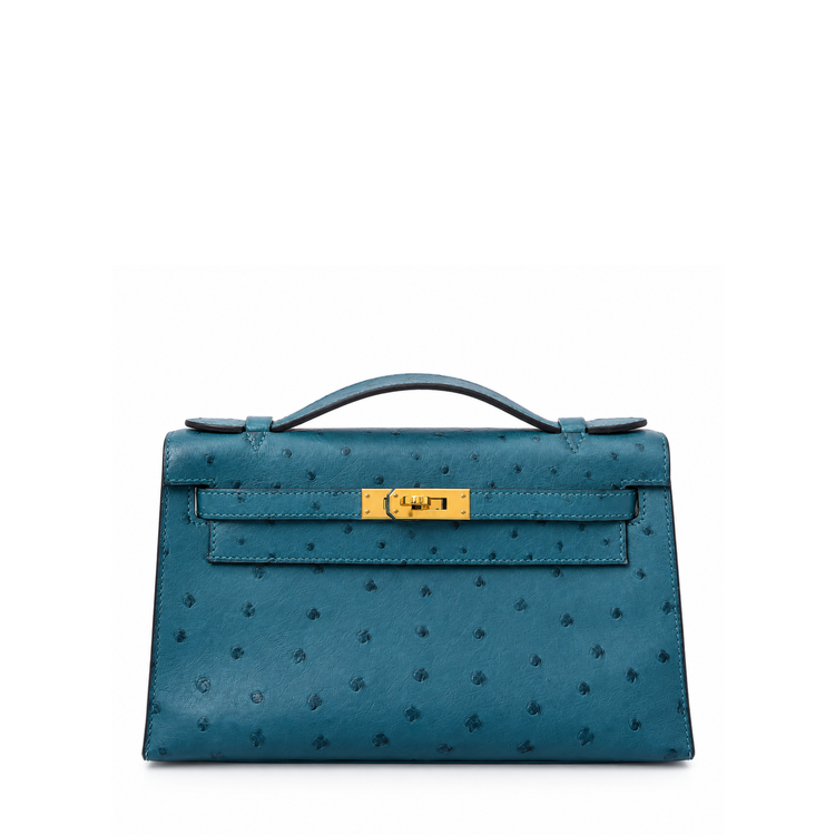 Hermès Kelly Pochette Bleu Colvert ostrich leather top handle bag with gold hardware, showcasing its elegant design and luxurious texture.