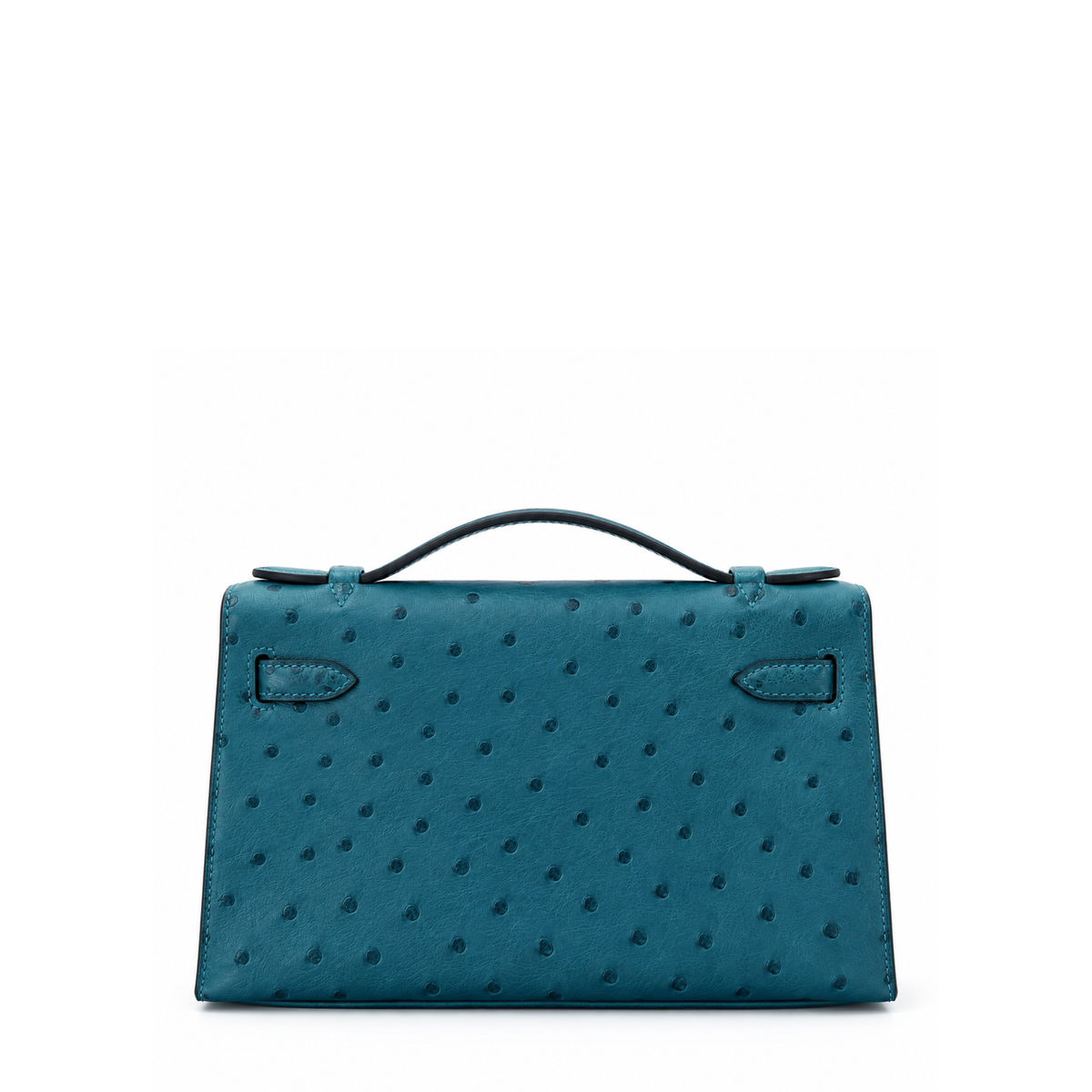 Hermès Kelly Pochette Bleu Colvert ostrich leather top handle bag with gold hardware, showcasing its elegant design and luxurious texture.