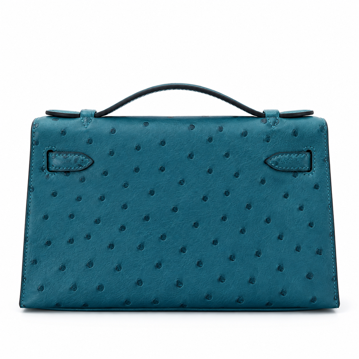 Hermès Kelly Pochette in Bleu Colvert ostrich leather with gold hardware, showcasing a luxurious handbag with elegant stitching and texture.