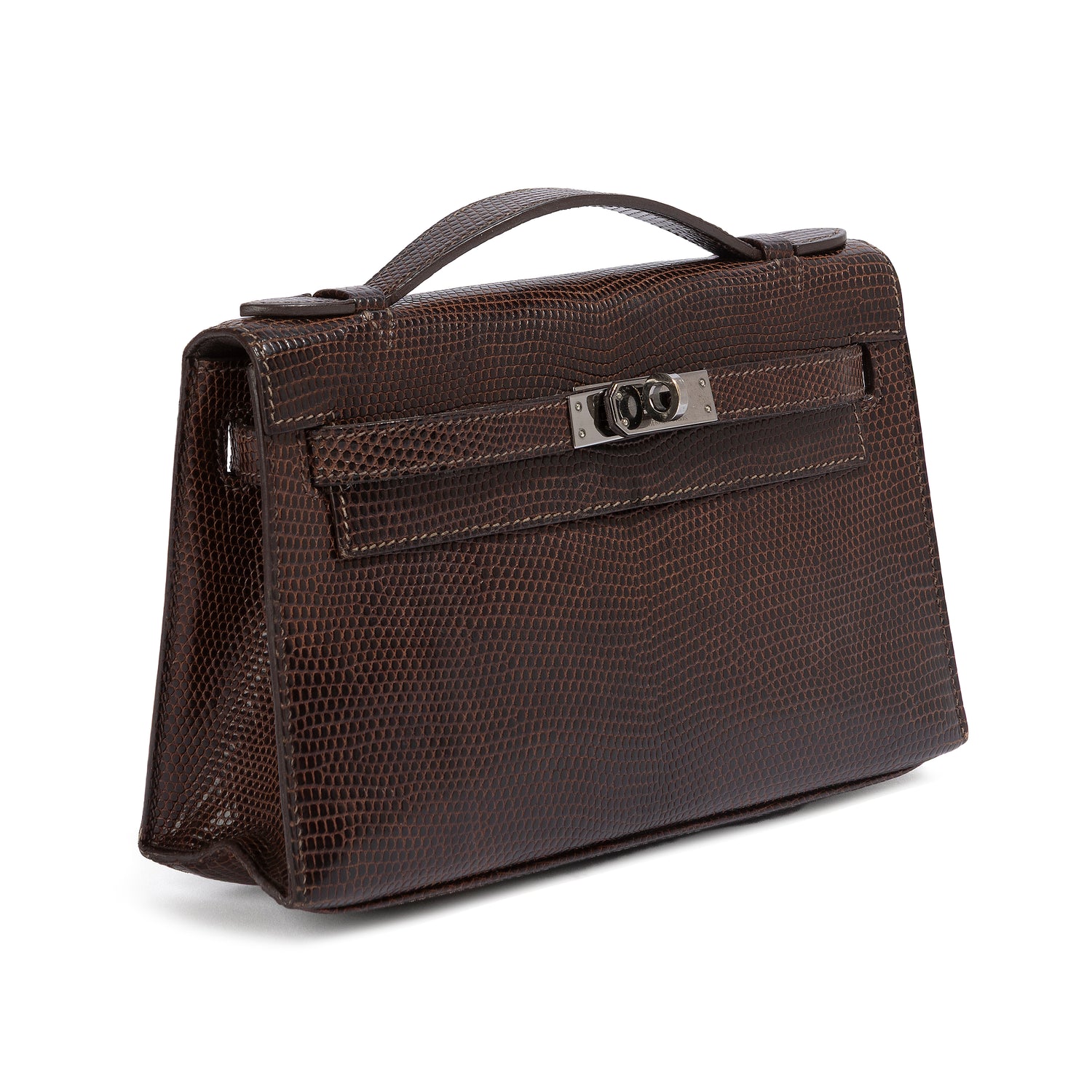Hermès Chocolat Niloticus Lizard Kelly Pochette handbag, side view showing luxurious leather texture and elegant design.