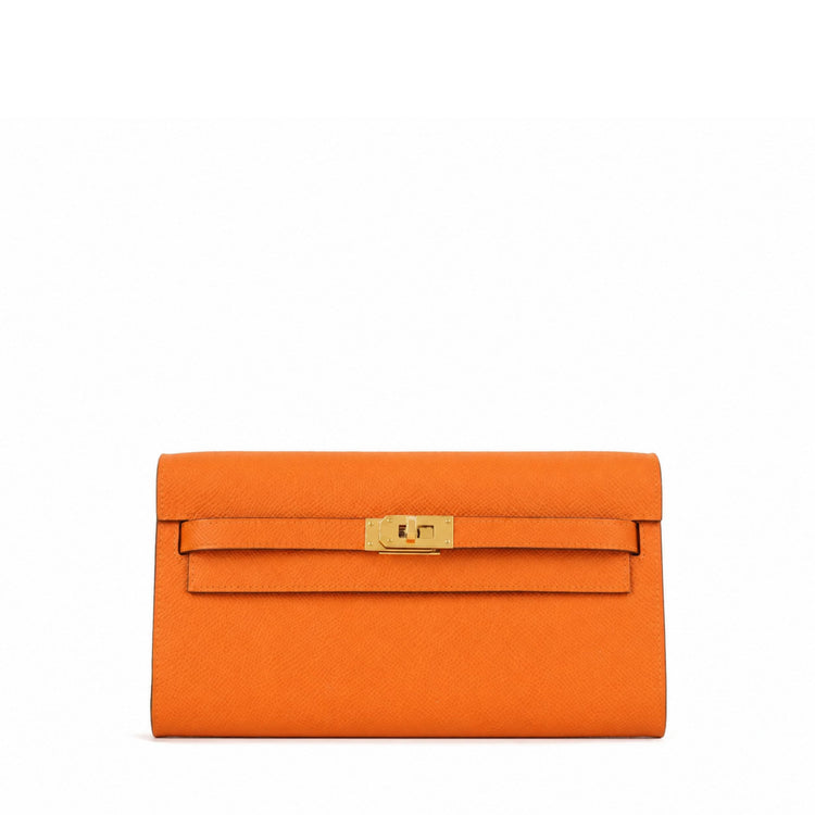 Hermès Kelly To Go Wallet in GHW with gold hardware, shown open with card slots and interior compartments.