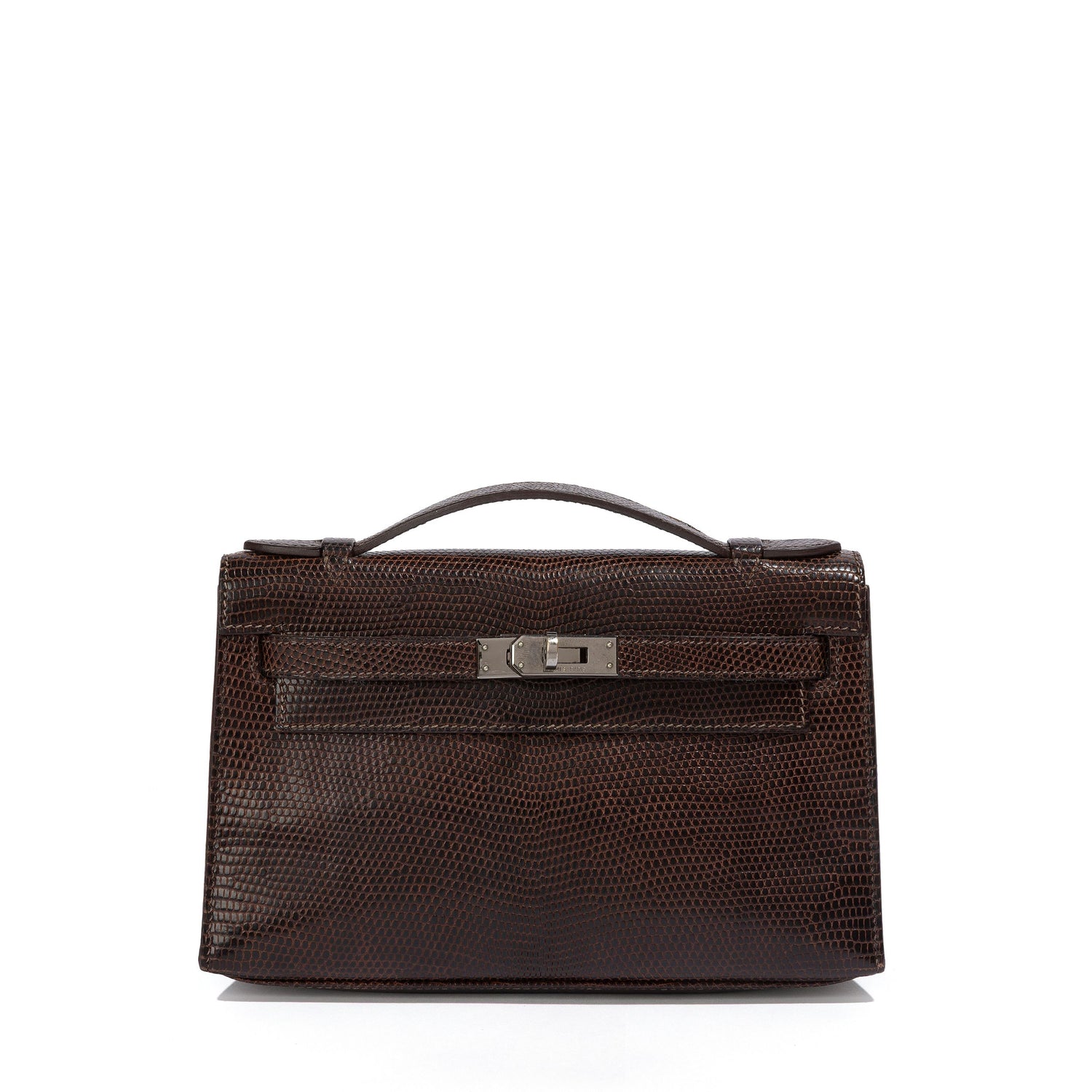 Hermès Chocolat Niloticus Lizard Kelly Pochette handbag with sleek design and elegant leather details.