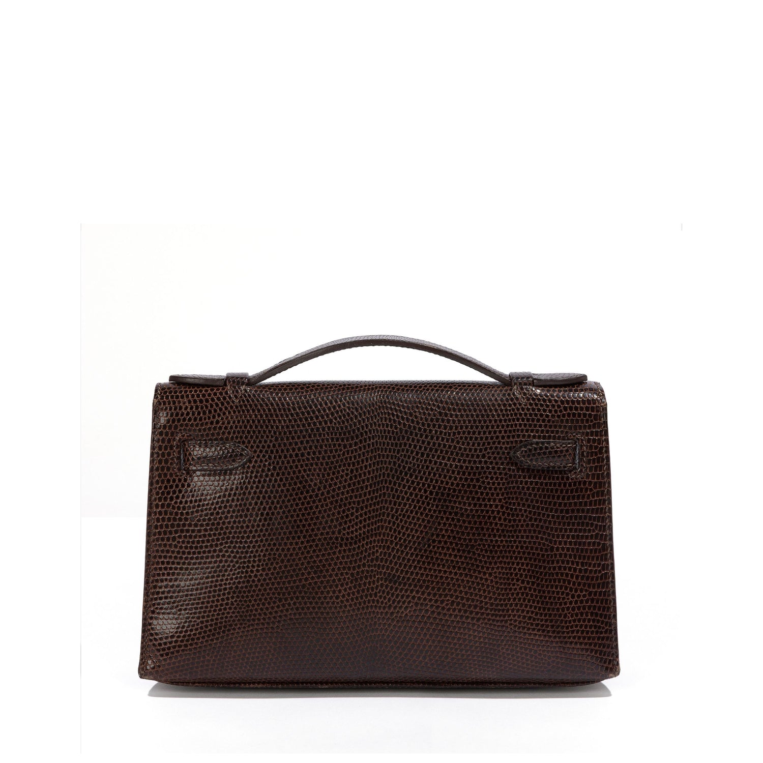 Hermès Chocolat Niloticus Lizard Kelly Pochette handbag with sleek design and elegant leather details.