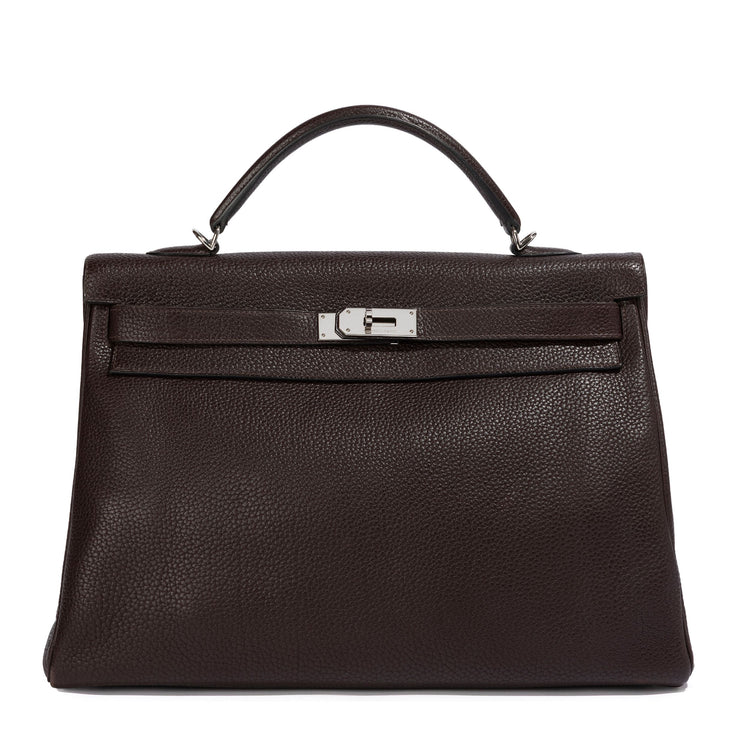 Hermes Kelly 40 Chocolate Brown PHW bag by Rewind Vintage Affairs, showcasing the classic structured design and rich leather texture.
