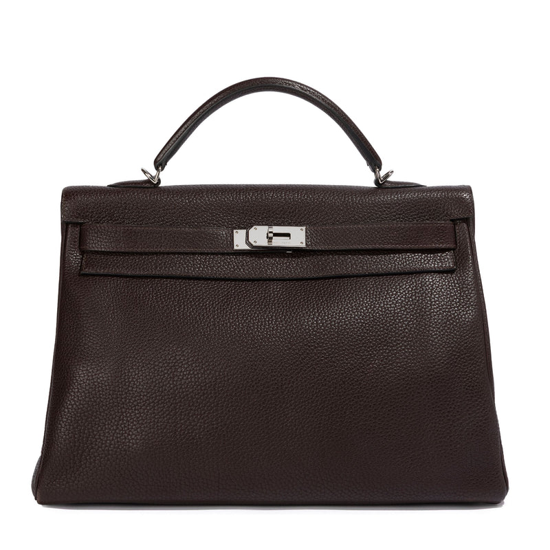 Hermes Kelly 40 Chocolate Brown PHW bag by Rewind Vintage Affairs, showcasing the classic structured design and rich leather texture.