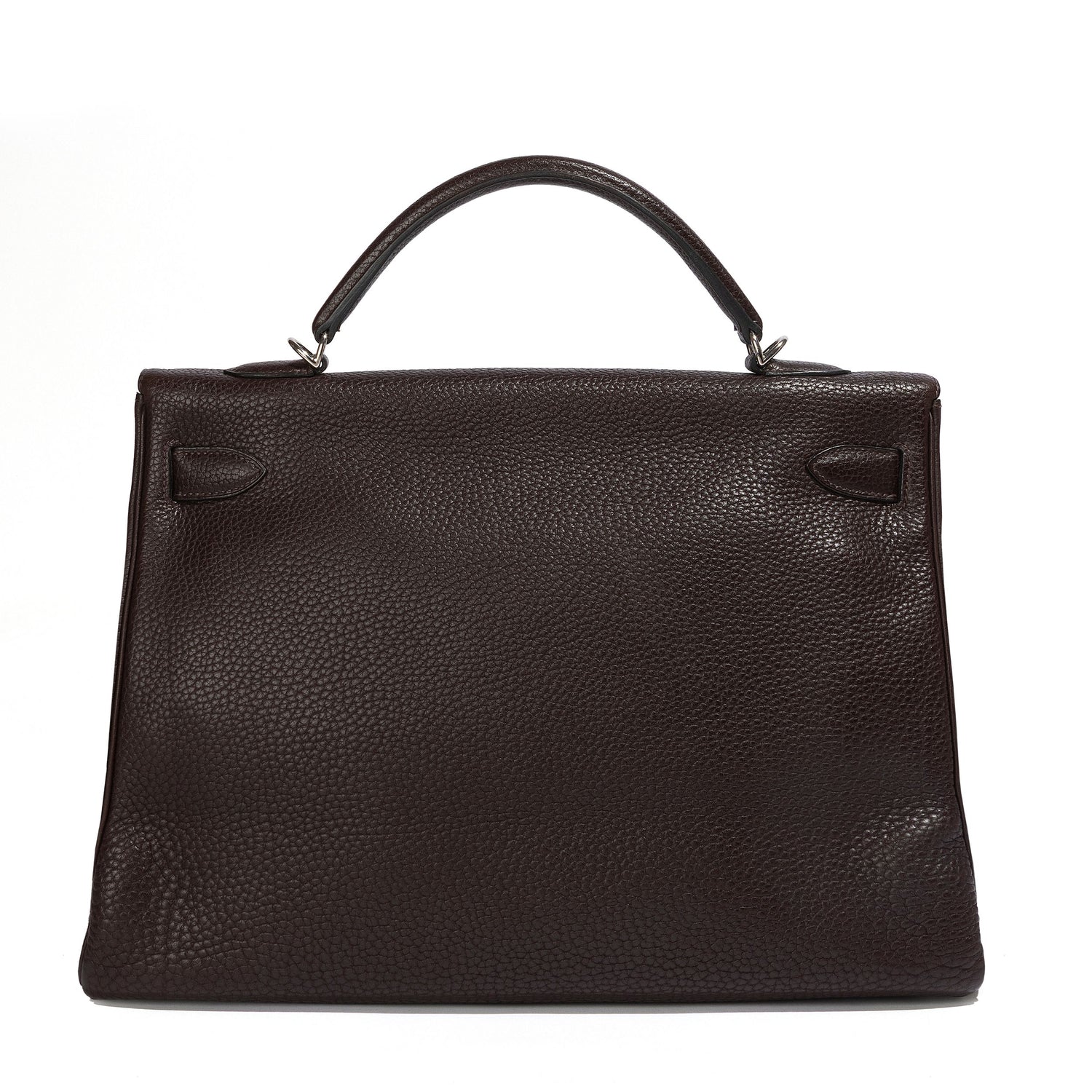 Hermes Kelly 40 Chocolate Brown PHW bag by Rewind Vintage Affairs, showcasing the classic structured design and rich leather texture.