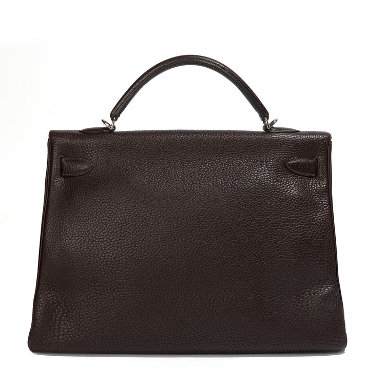 Hermes Kelly 40 Chocolate Brown PHW bag by Rewind Vintage Affairs, showcasing the classic structured design and rich leather texture.