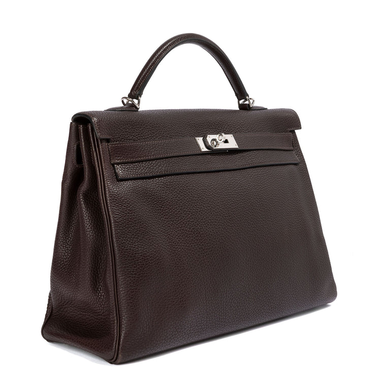 Hermes Kelly 40 Chocolate Brown PHW bag by Rewind Vintage Affairs, showcasing the classic structured design and rich leather texture.