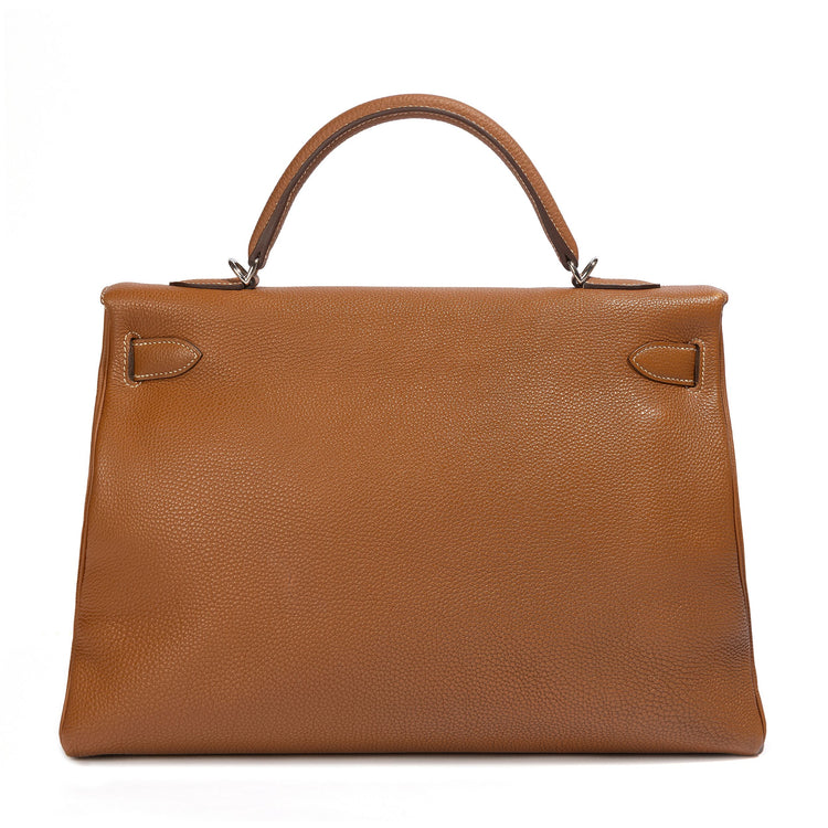 Rewind Vintage Affairs Hermes Kelly 40 Gold PHW bag with structured design and gold hardware, crafted in luxurious leather.