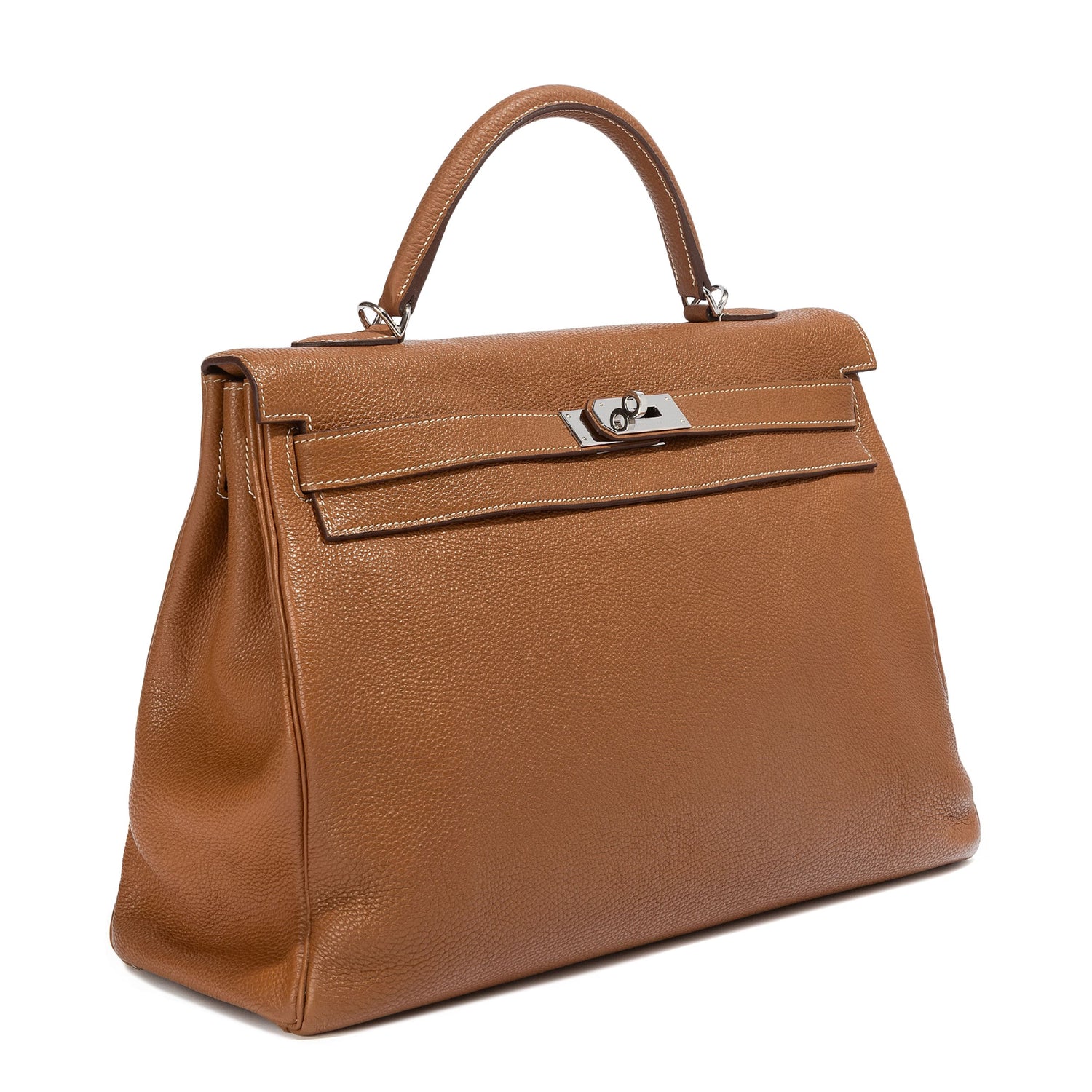 Rewind Vintage Affairs Hermes Kelly 40 Gold PHW bag with structured design and gold hardware, crafted in luxurious leather.