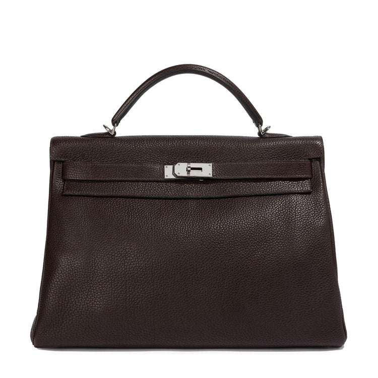 Hermès Kelly 40 Chocolate Brown top handle bag with structured design and gold hardware, elegant and luxurious accessory.