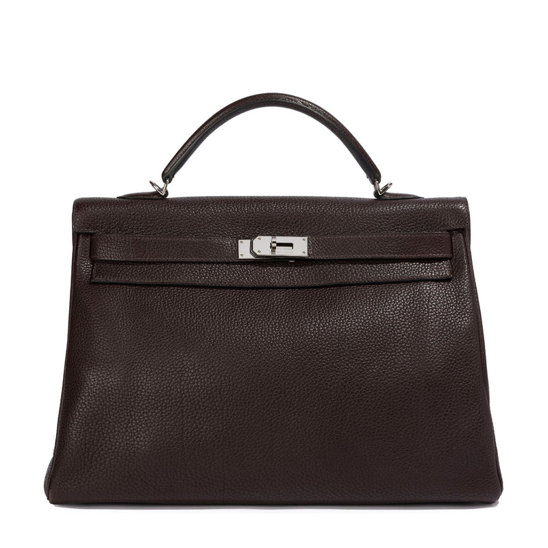 Hermès Kelly 40 Chocolate Brown top handle bag with structured design and gold hardware, elegant and luxurious accessory.