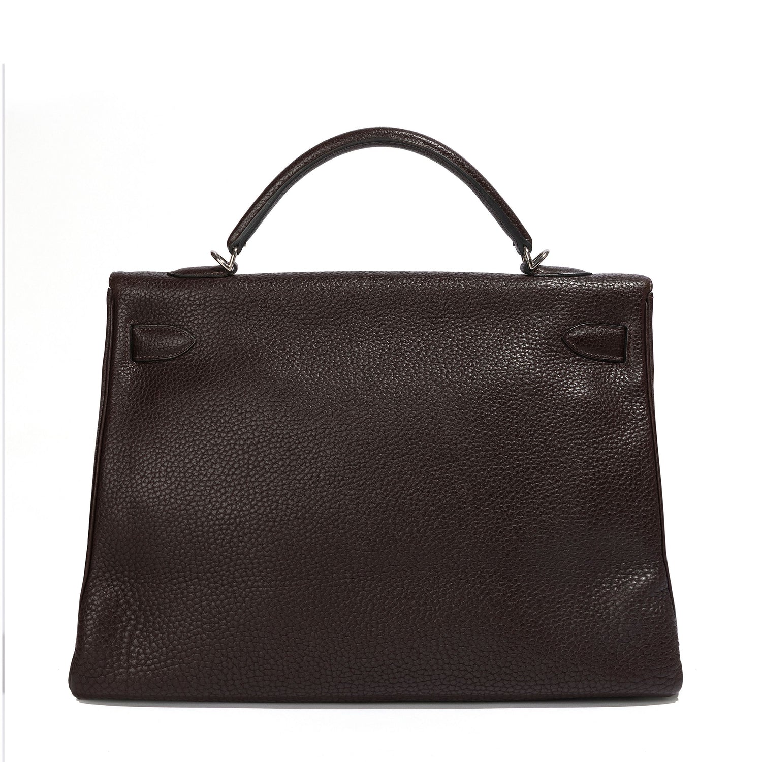 Hermès Kelly 40 Chocolate Brown top handle bag shown from the back, showcasing smooth leather and elegant design.