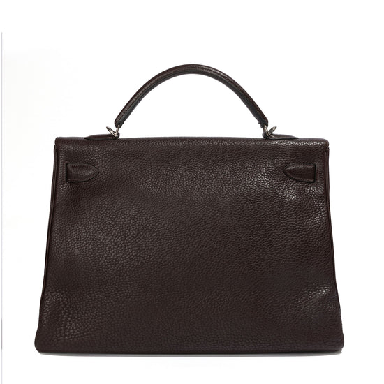 Hermès Kelly 40 Chocolate Brown top handle bag shown from the back, showcasing smooth leather and elegant design.