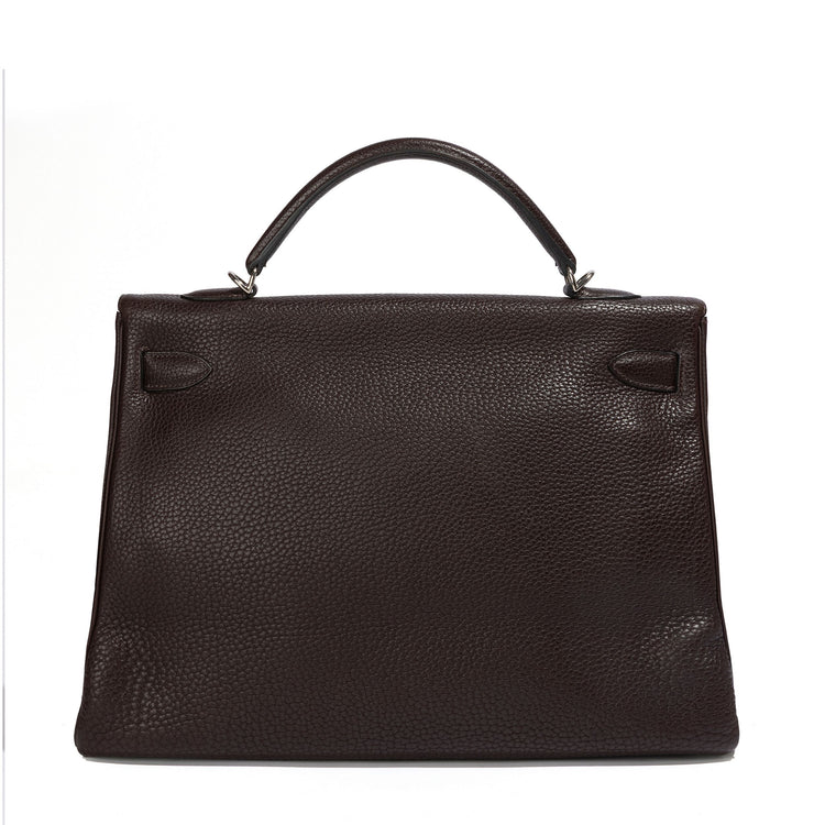 Hermès Kelly 40 Chocolate Brown top handle bag shown from the back, showcasing smooth leather and elegant design.