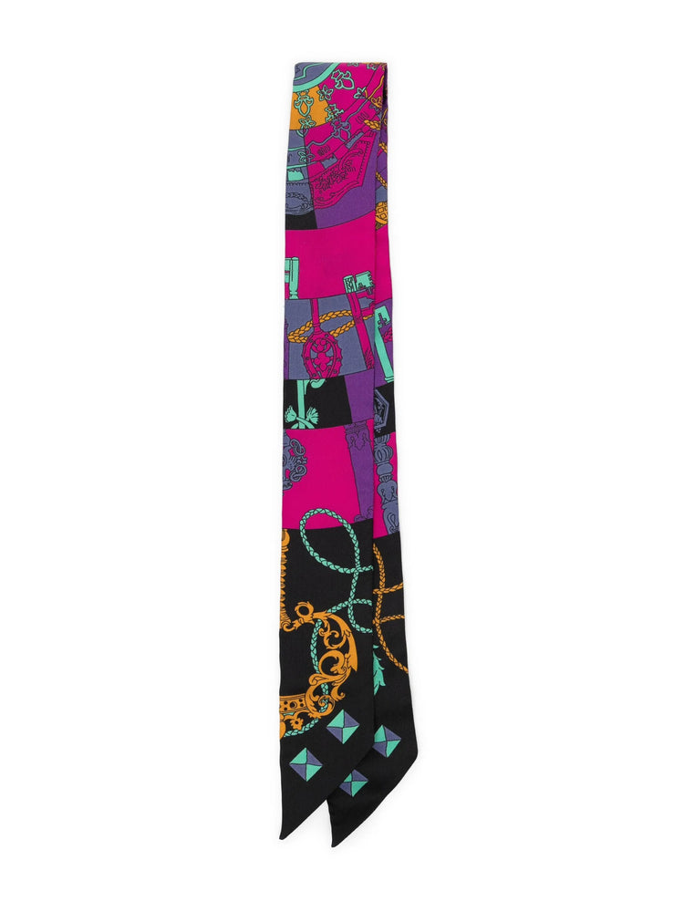 Hermès Silk Tours de Cles Twilly scarf featuring vibrant floral and geometric patterns in silk fabric.