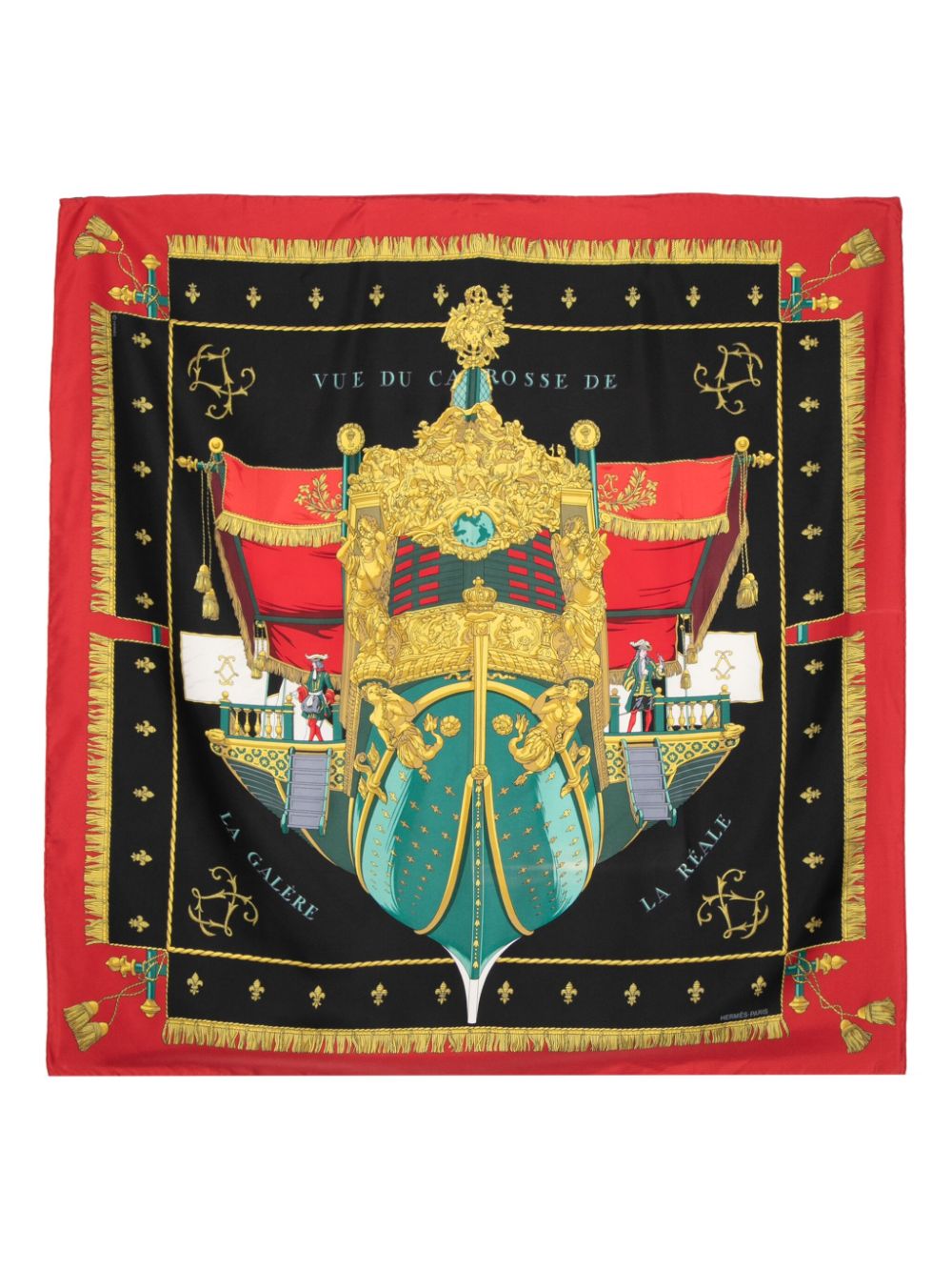 Hermès silk scarf featuring a detailed print of a galley ship and carriage scene, showcasing elegant design and vibrant colors.