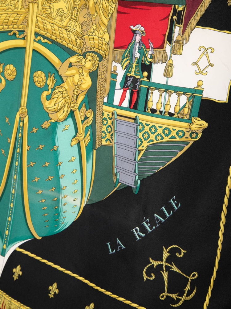 Hermès silk scarf featuring a detailed design of a galley ship and galley scene, showcasing vibrant colors and intricate patterns.