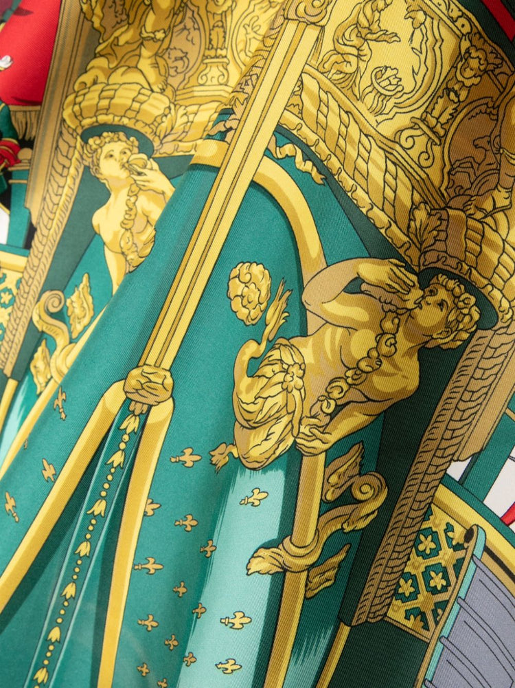 Hermès silk scarf featuring a detailed design of the galley ship Vue du Carosse de la Galère La Réale, vibrant and elegant accessory.