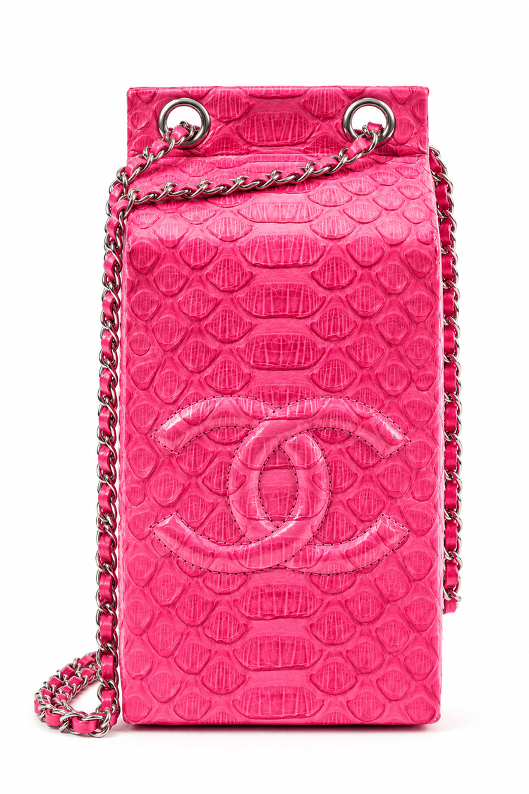 Chanel 2014 pink Python Lait de Coco milk carton clutch with snakeskin chain, vibrant hot pink, and textured leather details.