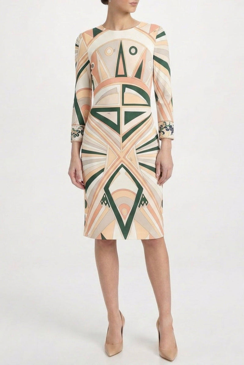 Emilio Pucci geometric print long sleeve dress with vibrant patterns and fitted silhouette, stylish and elegant for women.