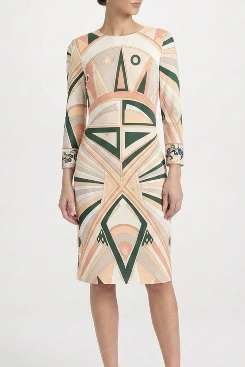 Emilio Pucci geometric print long sleeve dress with vibrant patterns and fitted silhouette, stylish and elegant for women.