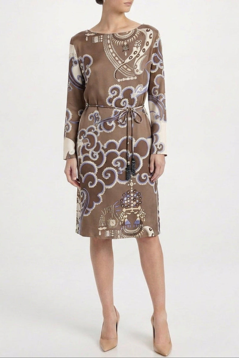 Brown abstract print dress by Emilio Pucci, stylish women&