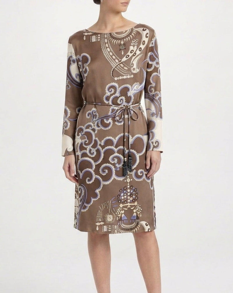 Brown abstract print dress by Emilio Pucci, stylish women&