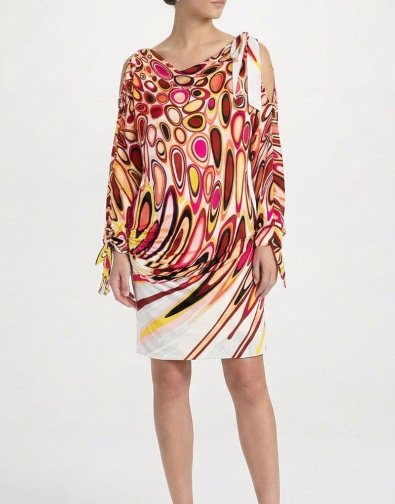 Emilio Pucci abstract print draped dress showcasing flowing fabric and vibrant, artistic pattern on a stylish women&