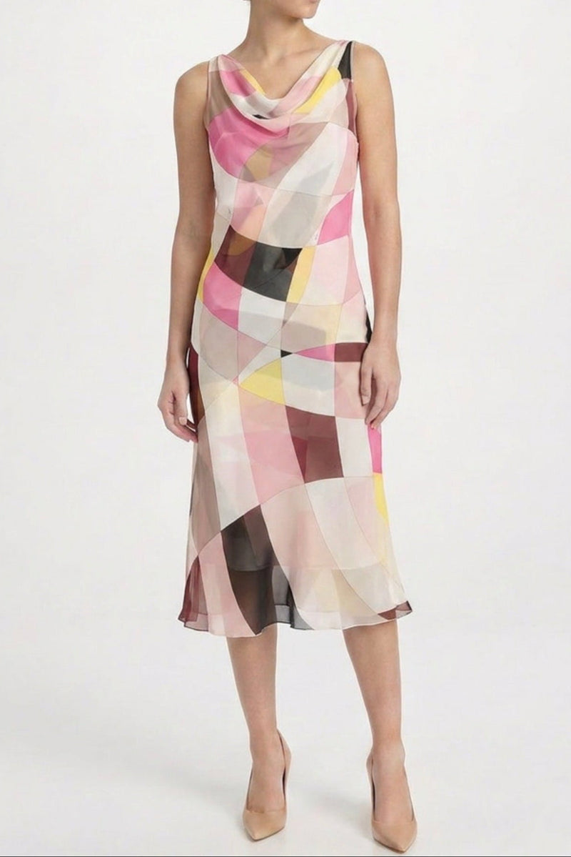 Emilio Pucci geometric print tulle flared dress with a fitted waist and flowing skirt, showcasing vibrant patterns and elegant design.