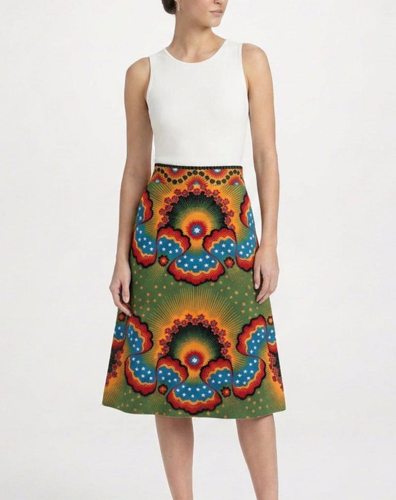 Valentino 2016 multicolour star print skirt with a flowing design, showcasing vibrant star patterns on lightweight fabric.