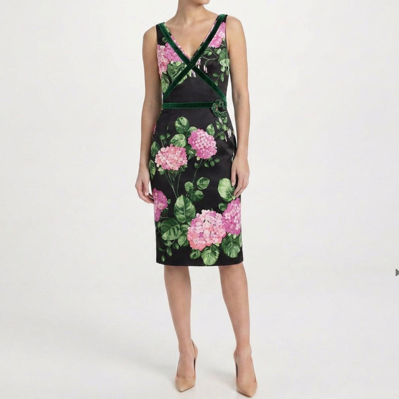 Floral Print Velvet Trim Dress