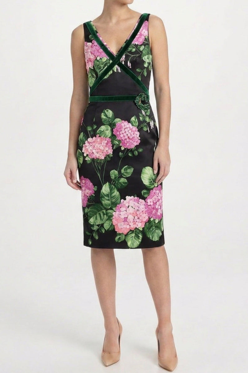 Floral print velvet trim dress by Dolce & Gabbana, featuring a fitted silhouette and elegant floral pattern.