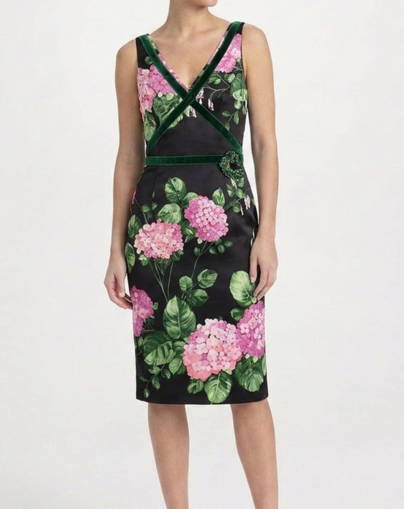 Floral print velvet trim dress by Dolce & Gabbana, featuring a fitted silhouette and elegant floral pattern.