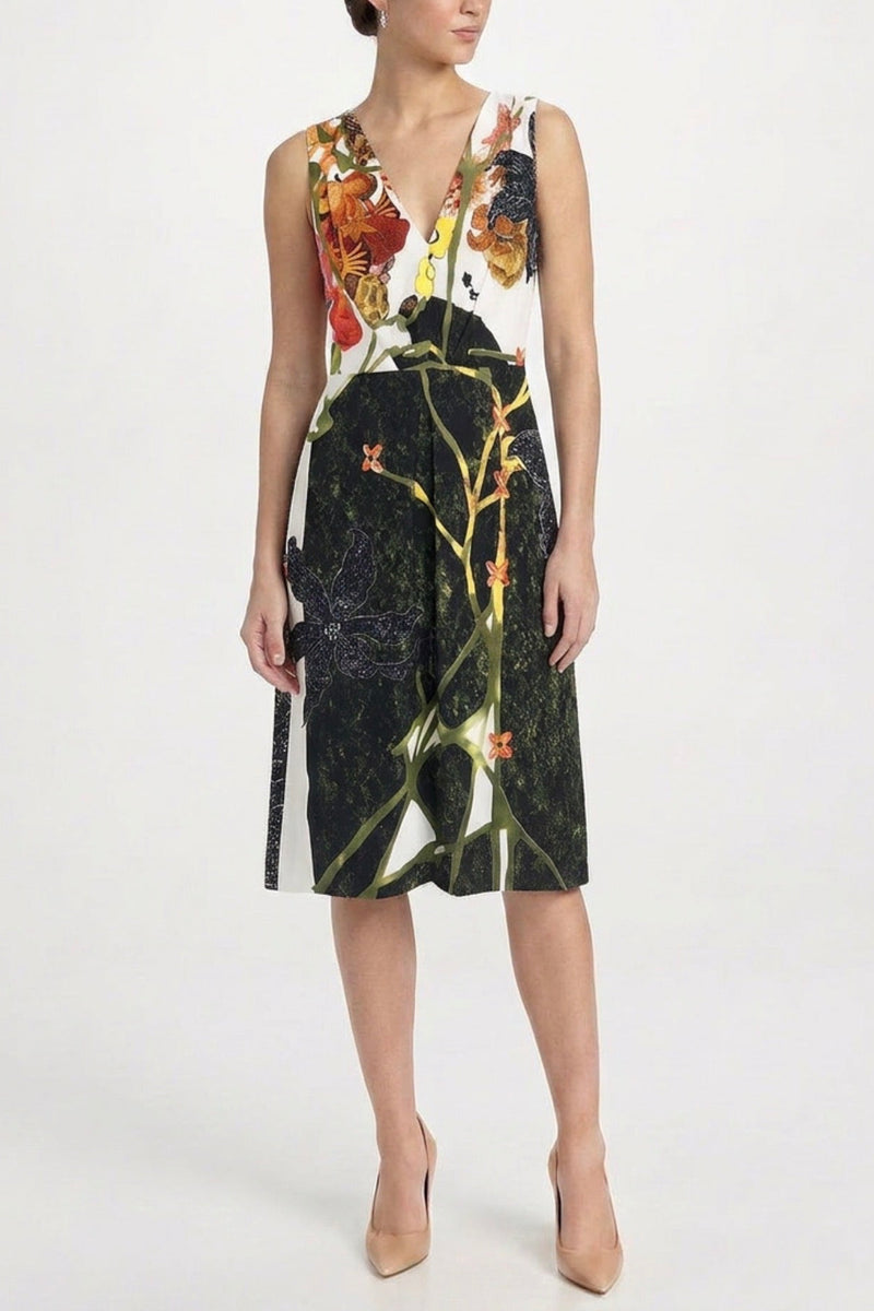Prada floral V-neck dress with vibrant pattern, sleeveless design, and elegant flowy fabric, perfect for summer or special occasions.