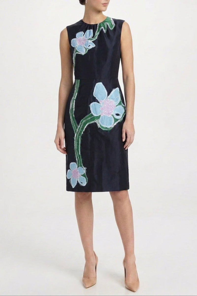 Navy Prada flower appliqué dress with floral details, elegant sleeveless design, perfect for formal occasions.