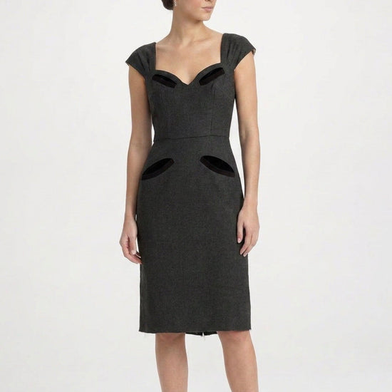 Prada grey sweetheart neck wool midi dress displayed on a hanger, showcasing its elegant design and soft fabric.