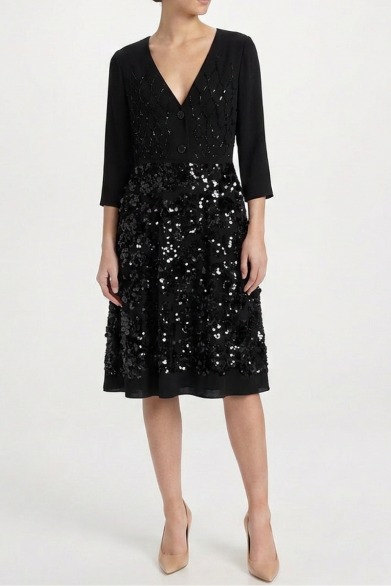 Prada black sequined V-neck midi dress with long sleeves, elegant evening wear, and shimmering embellishments.