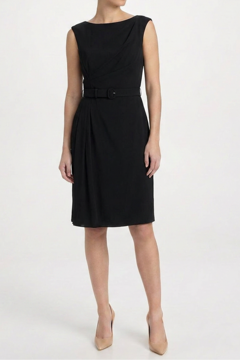 Black Prada sleeveless wool dress hanging on a wooden hanger, showcasing its sleek design and elegant fabric.