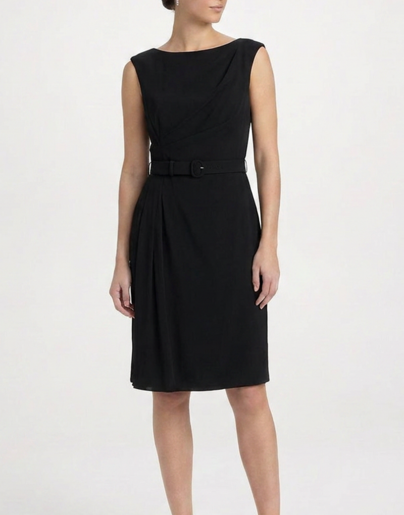 Valentino draped belted dress with flowing fabric and elegant design, displayed on a mannequin.