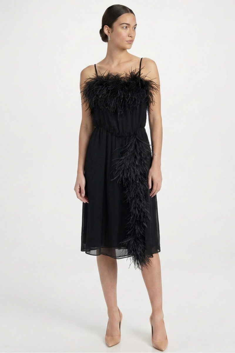 Prada feather slip dress featuring delicate feather details and a sleek, elegant silhouette for a stylish evening look.