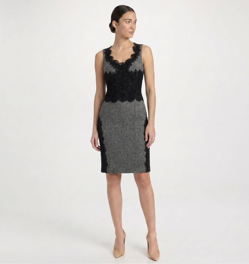 Herringbone Wool Dress with Lace