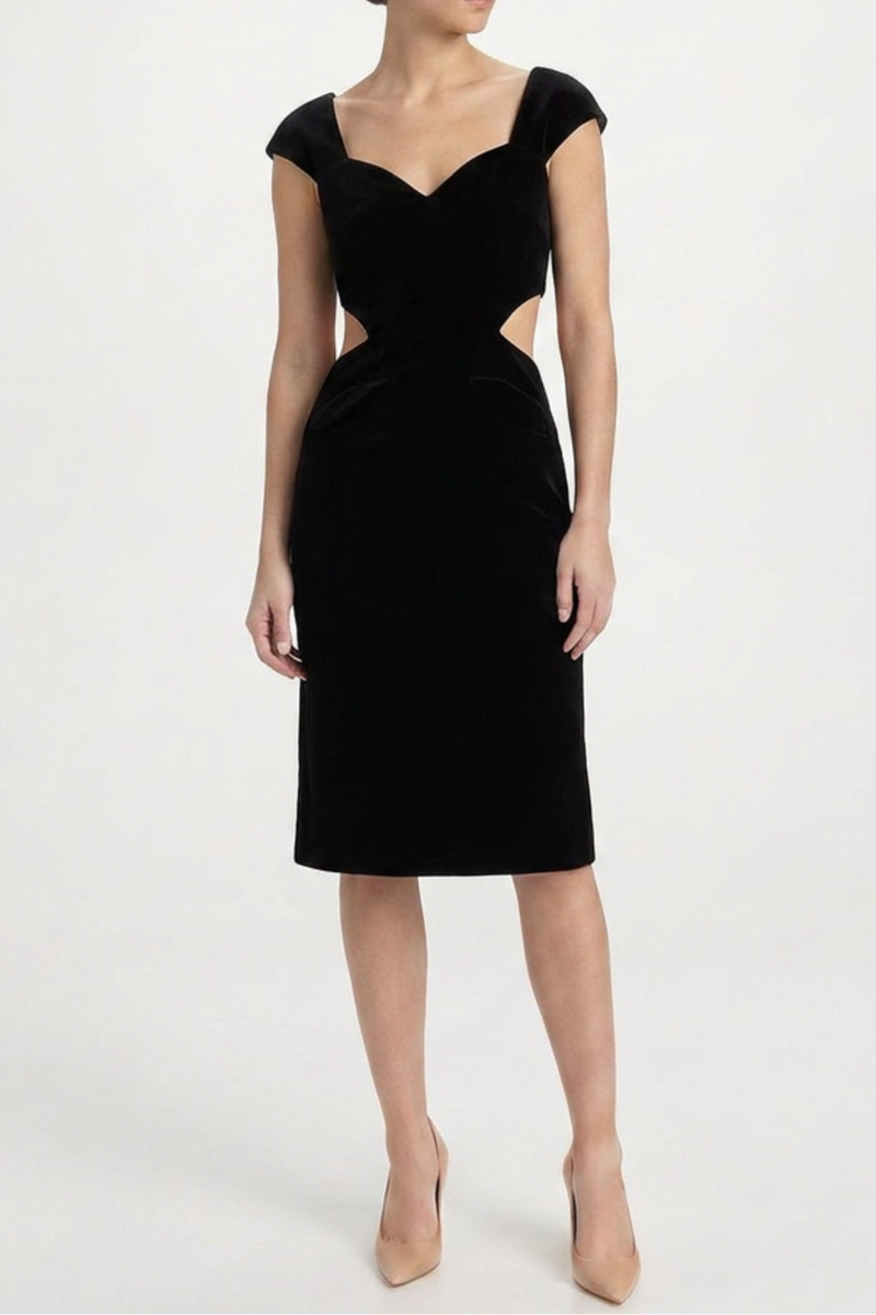 Black wool midi dress with sweetheart neckline by Prada, featuring a sleek, elegant design perfect for formal occasions.