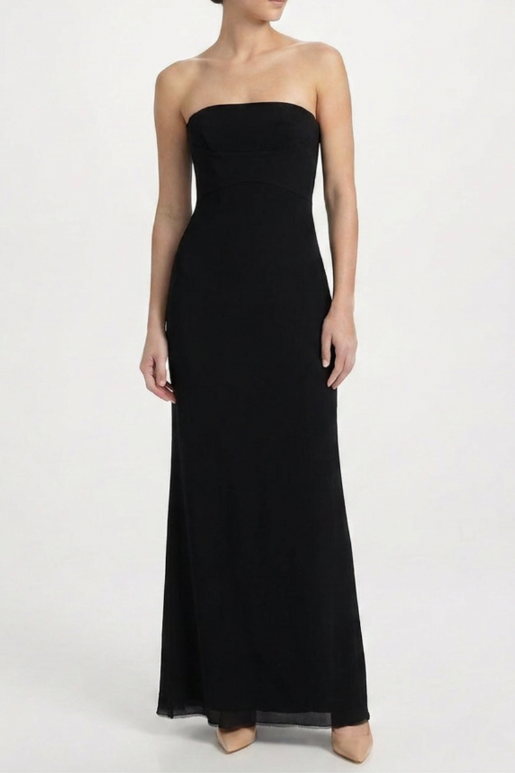 Prada black strapless maxi dress displayed on a mannequin, showcasing a sleek, floor-length design with fitted bodice and flowing skirt.